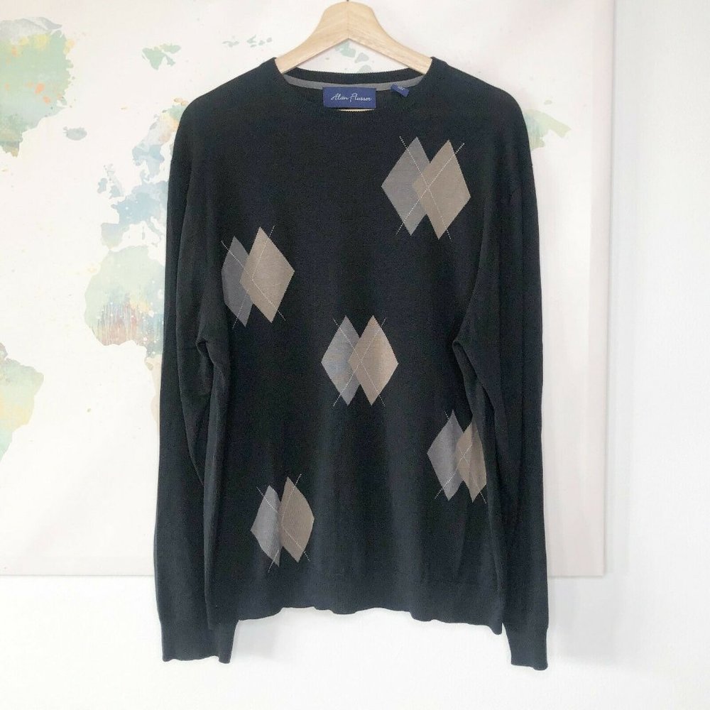 Alan Flusser Size Large L Sweater Black Argyle Silk Cotton Crew Neck Men’s‎